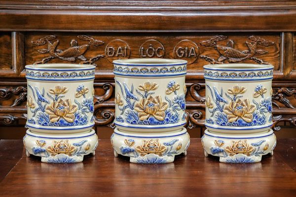  Chân đế Bát hương Sen Men hoàng thổ Đắp nổi Cao cấp - Gốm Nghệ nhân Bát Tràng 