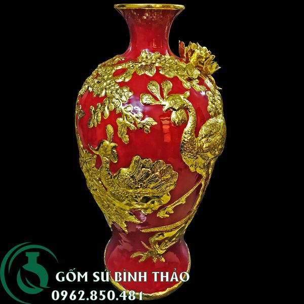  Bình mai Bát Tràng  men đỏ dát vàng - công thành danh toại 