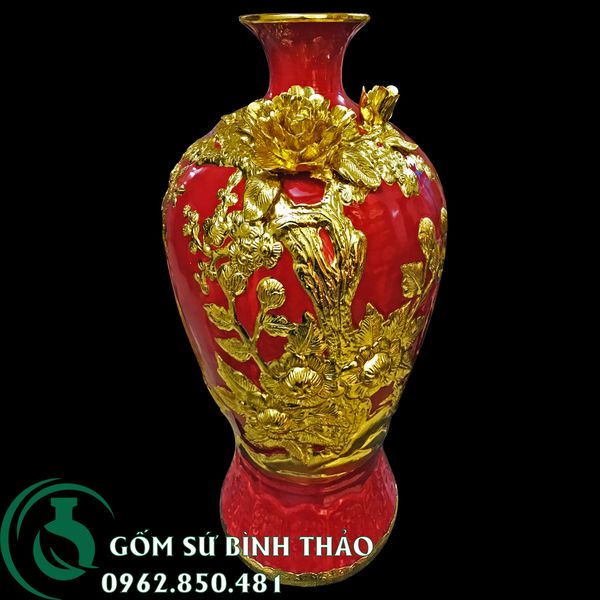  Bình mai Bát Tràng  men đỏ dát vàng - thuận buồm xuôi gió 