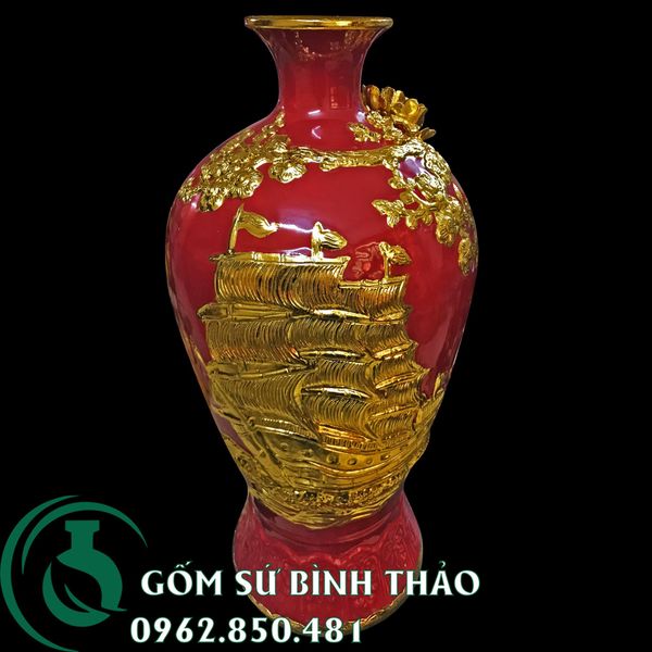  Bình mai Bát Tràng  men đỏ dát vàng - thuận buồm xuôi gió 