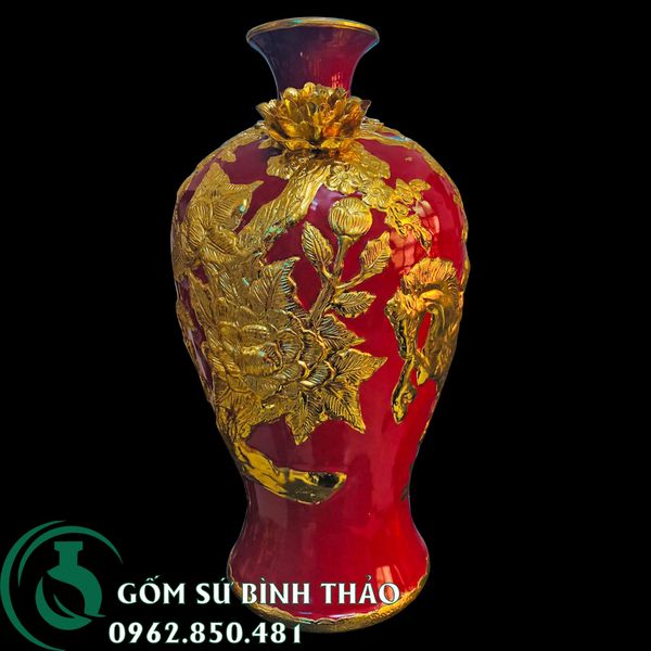  Bình mai Bát Tràng  men đỏ dát vàng - mã đáo thành công 