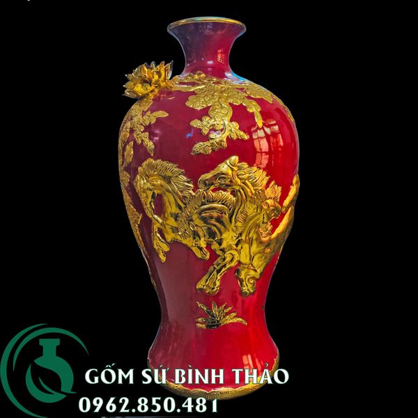 Bình mai Bát Tràng  men đỏ dát vàng - mã đáo thành công 
