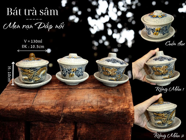  Bát trà Sâm Men rạn Đắp nổi PA 