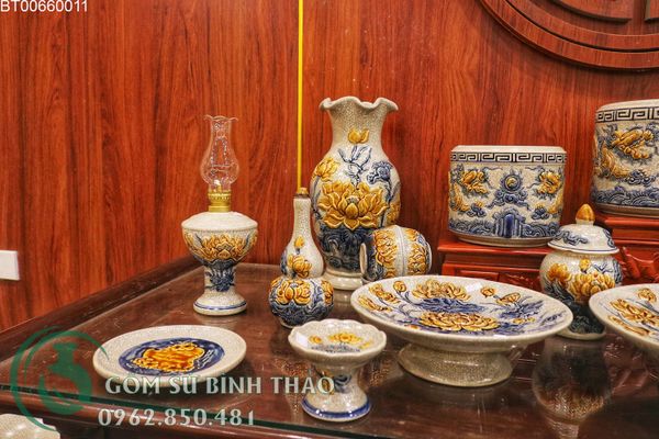  Đồ thờ gia tiên, Bộ đồ thờ gốm sứ men rạn chuẩn gốm sứ Bát Tràng BT11 
