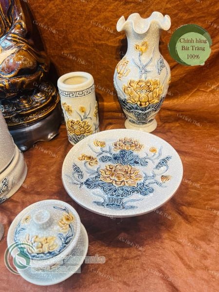  Bộ đồ thờ men Rạn cổ gốm sứ Bát Tràng họa tiết Sen - BT03 