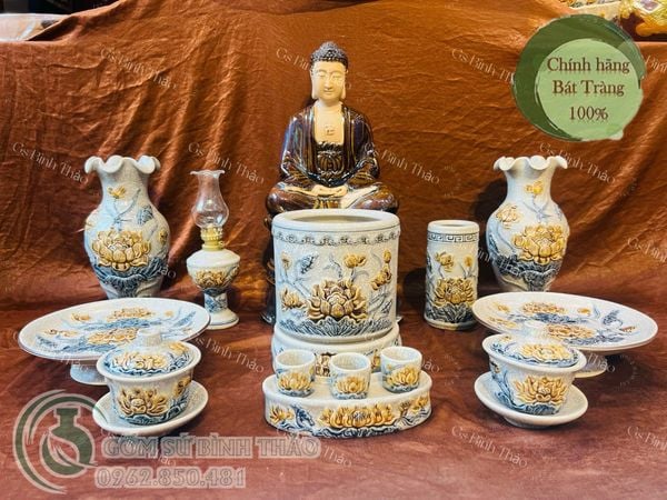  Bộ đồ thờ men Rạn cổ gốm sứ Bát Tràng họa tiết Sen - BT03 