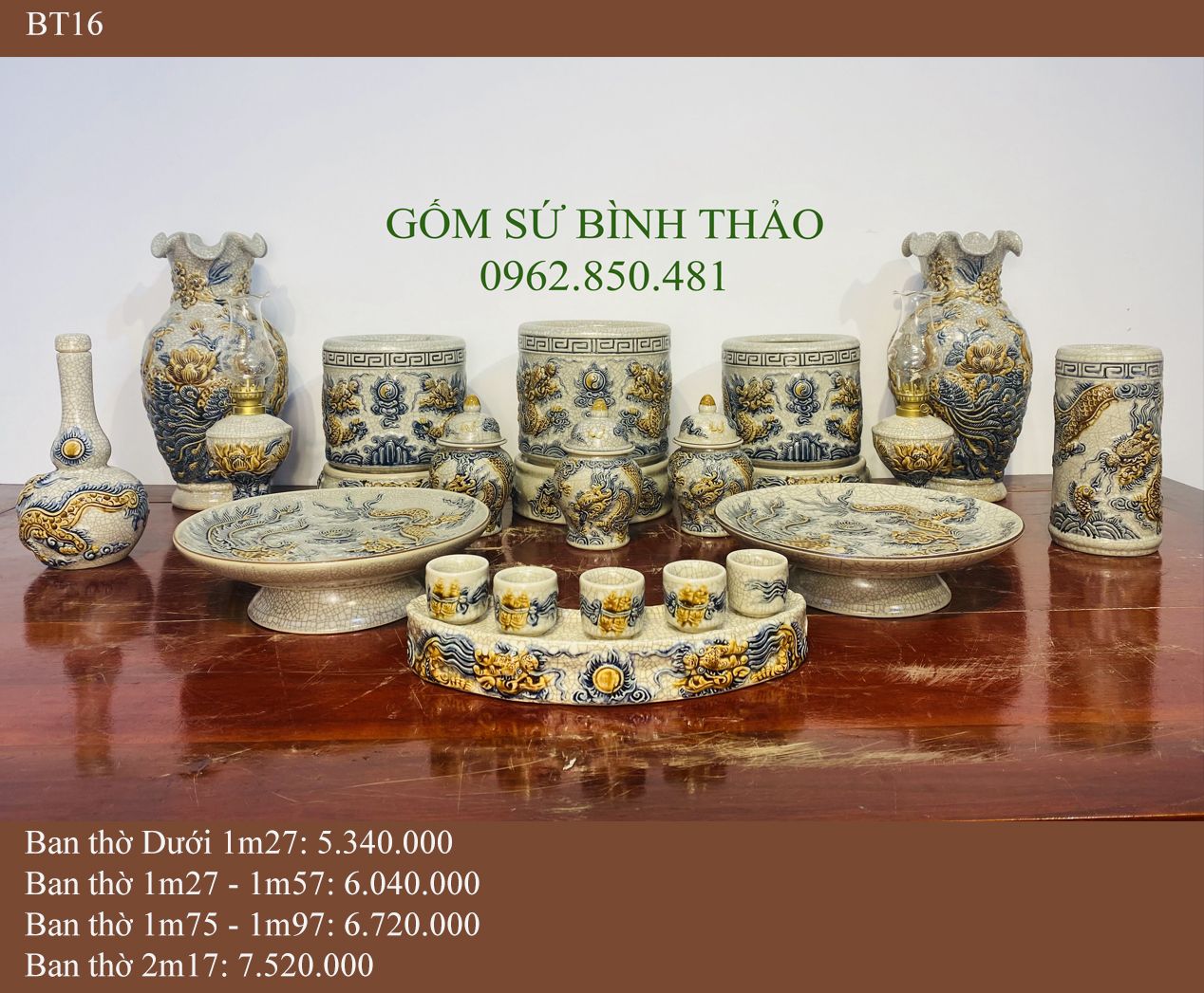  Bộ đồ thờ Men Rạn đắp nổi Bát Tràng hàng Nghệ nhân BT16 