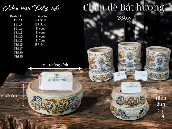  Chân đế Bát hương Rồng Men rạn Đắp nổi PA 