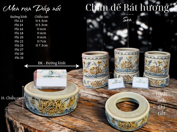  Chân đế Bát hương Sen Men rạn Đắp nổi PA 