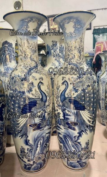  Lọ Lục Bình Công đào men Lam hàng Bát Tràng vẽ Vàng MH 