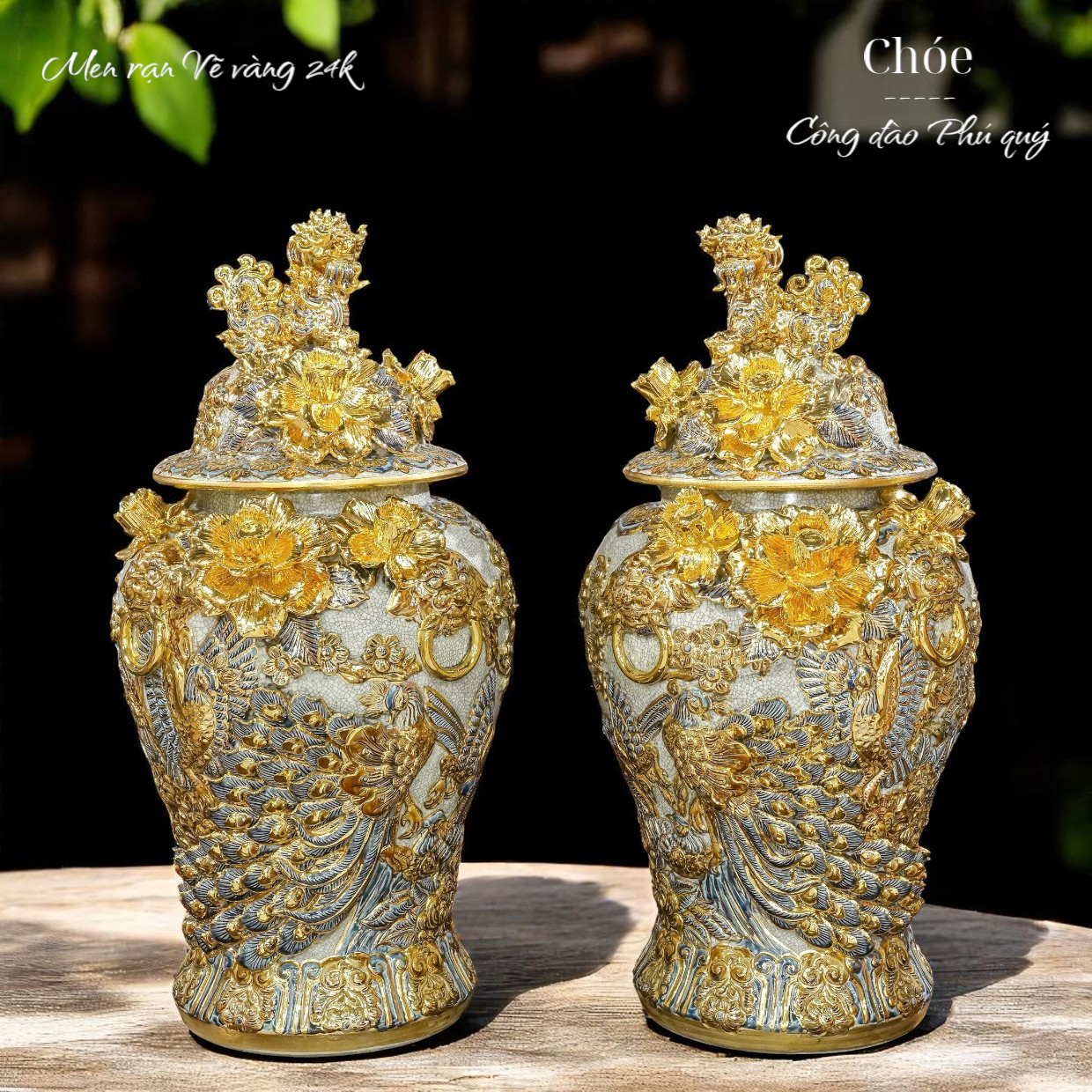  Chóe Công đào 30L Men rạn đắp nổi Vẽ vàng 24K - hàng Nghệ nhân Bát Tràng PA 