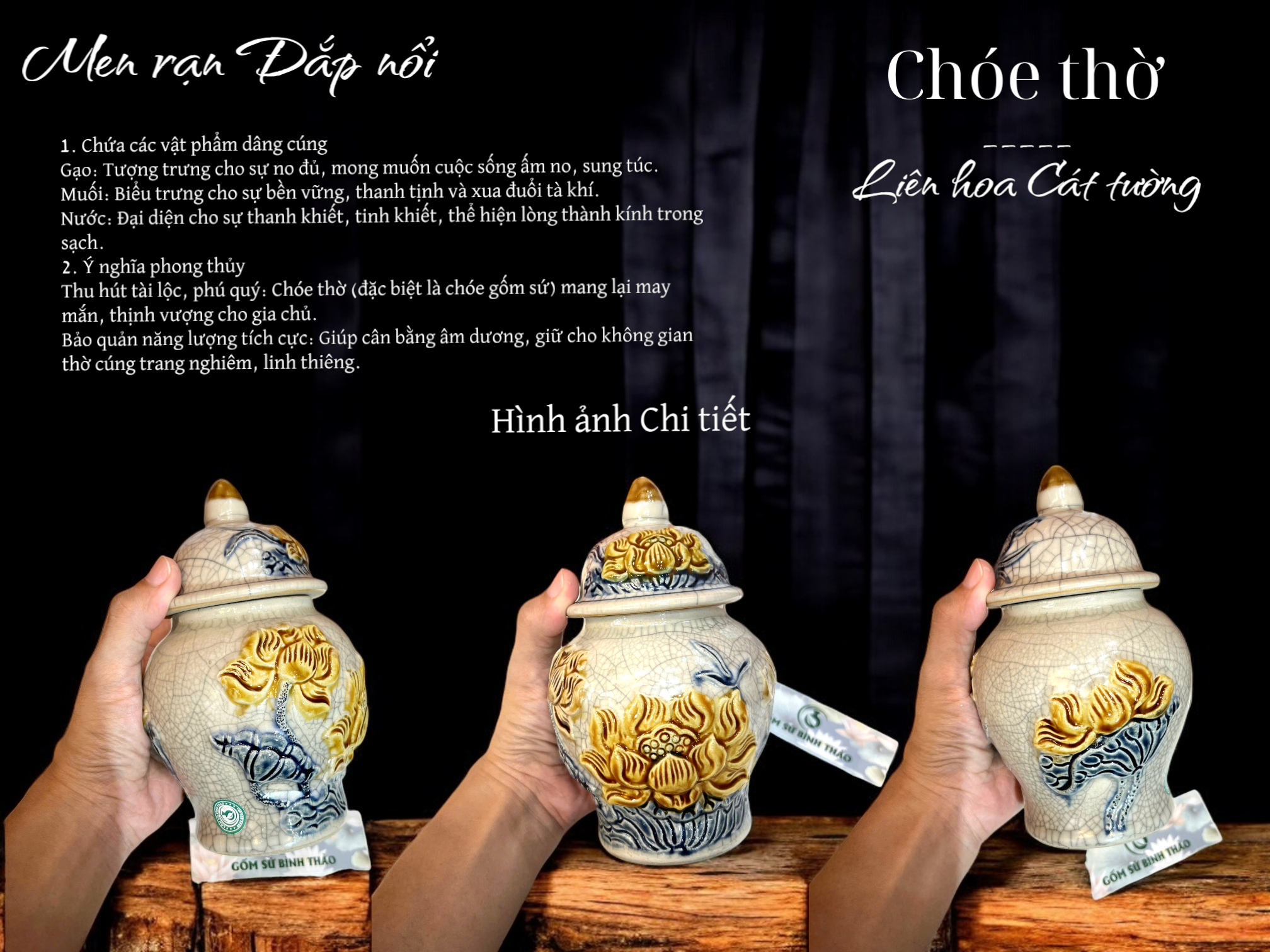  Chóe thờ Sen Men rạn Đắp nổi PA 