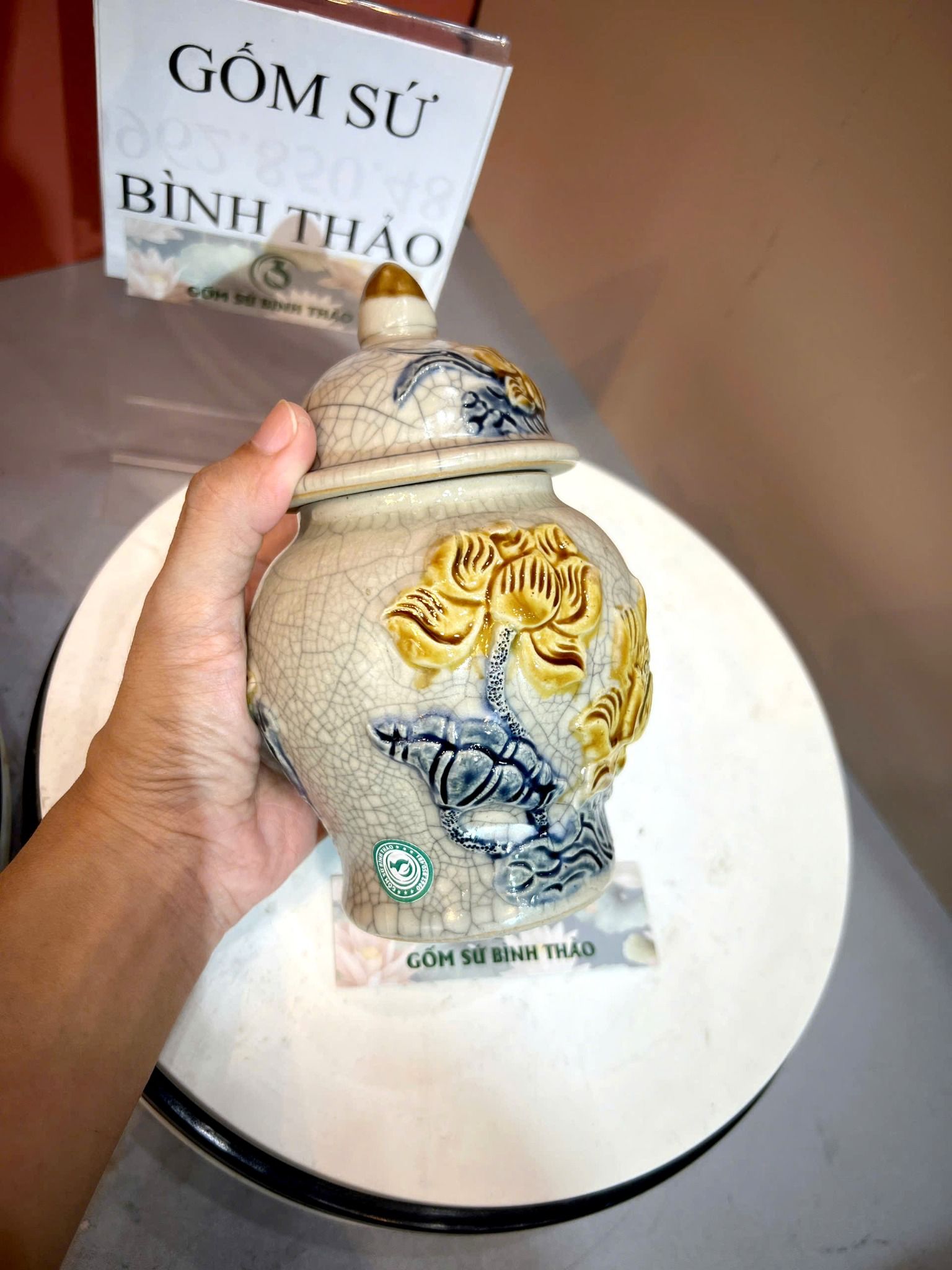  Chóe thờ Sen Men rạn Đắp nổi PA 