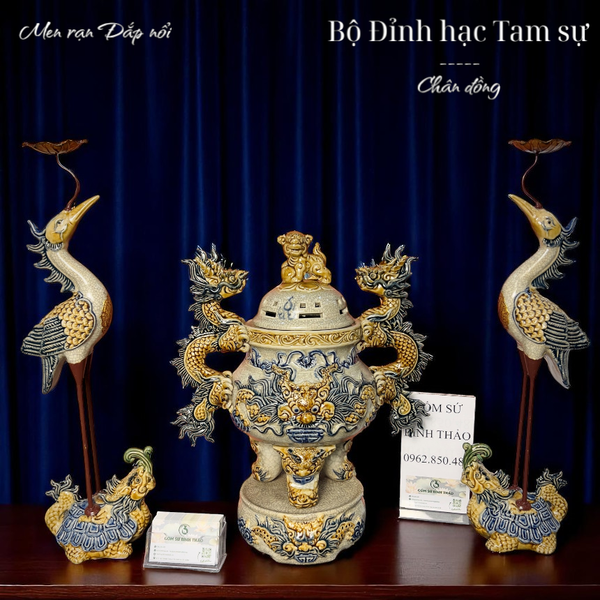  Bộ Đỉnh hạc Tạm sự Chân đồng Men Rạn - Gốm sứ Bát Tràng CN 