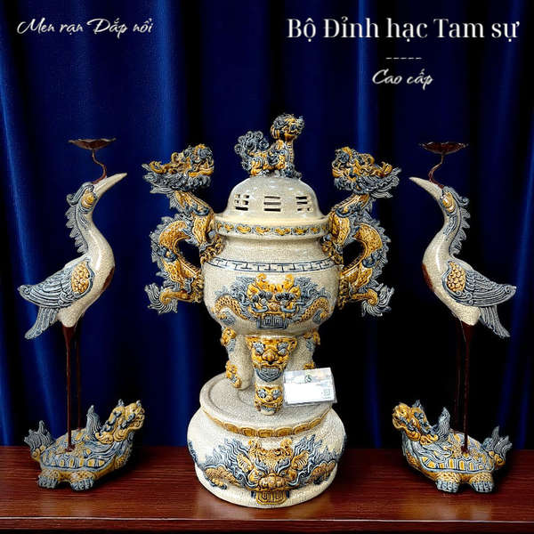  Bộ Đỉnh hạc Tam sự Chân đồng Mẹn rạn Đắp nổi Cao cấp - Nghệ nhân đắp tay PA 