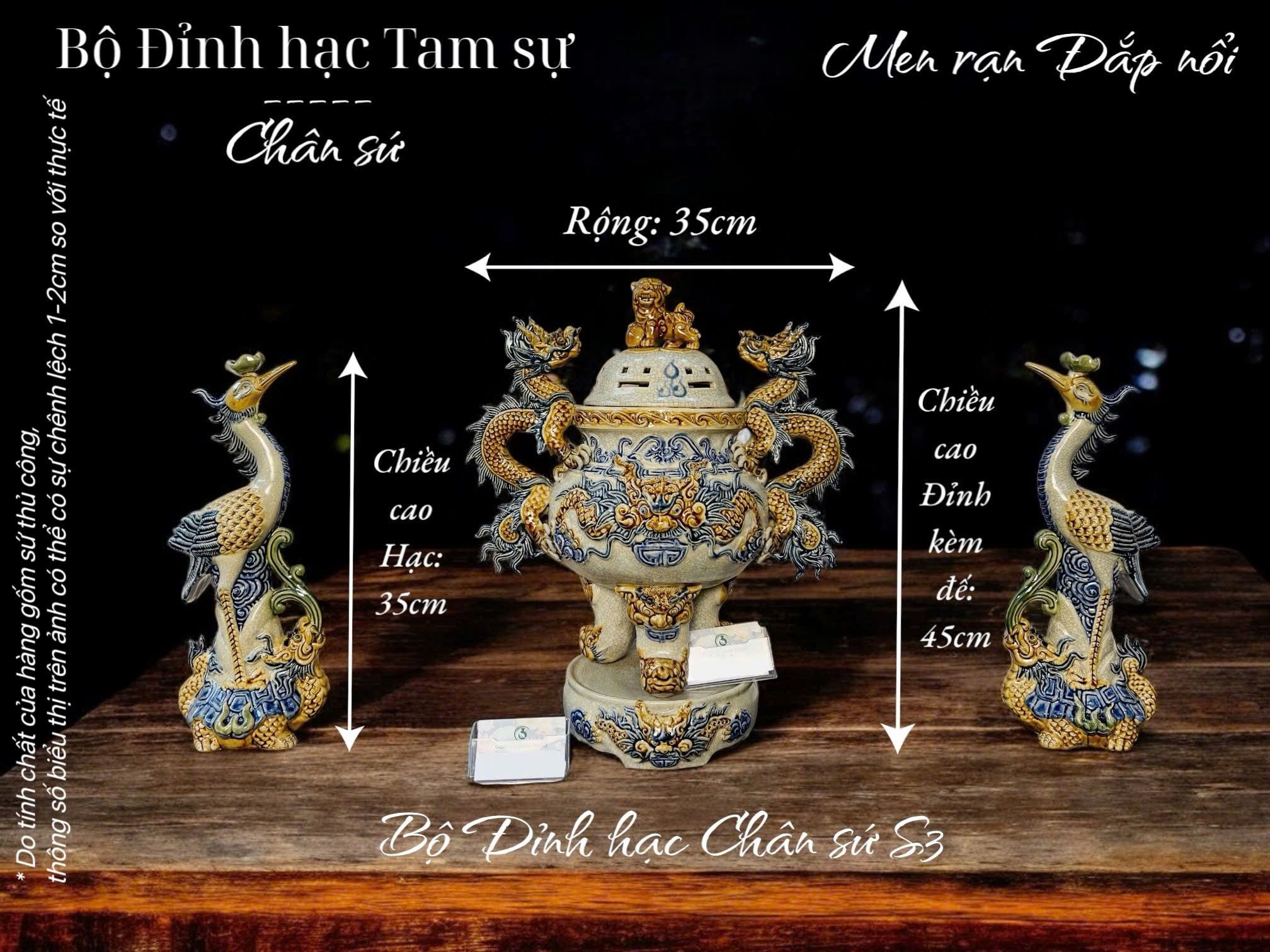  Bộ Đỉnh hạc Sứ Tam sự Men rạn - Gốm sứ Bát Tràng CN 