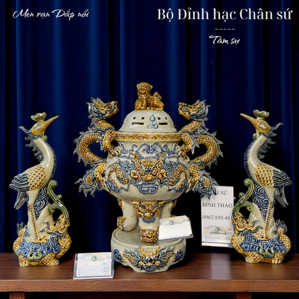 Bộ Đỉnh hạc Sứ Tam sự Men rạn - Gốm sứ Bát Tràng CN 