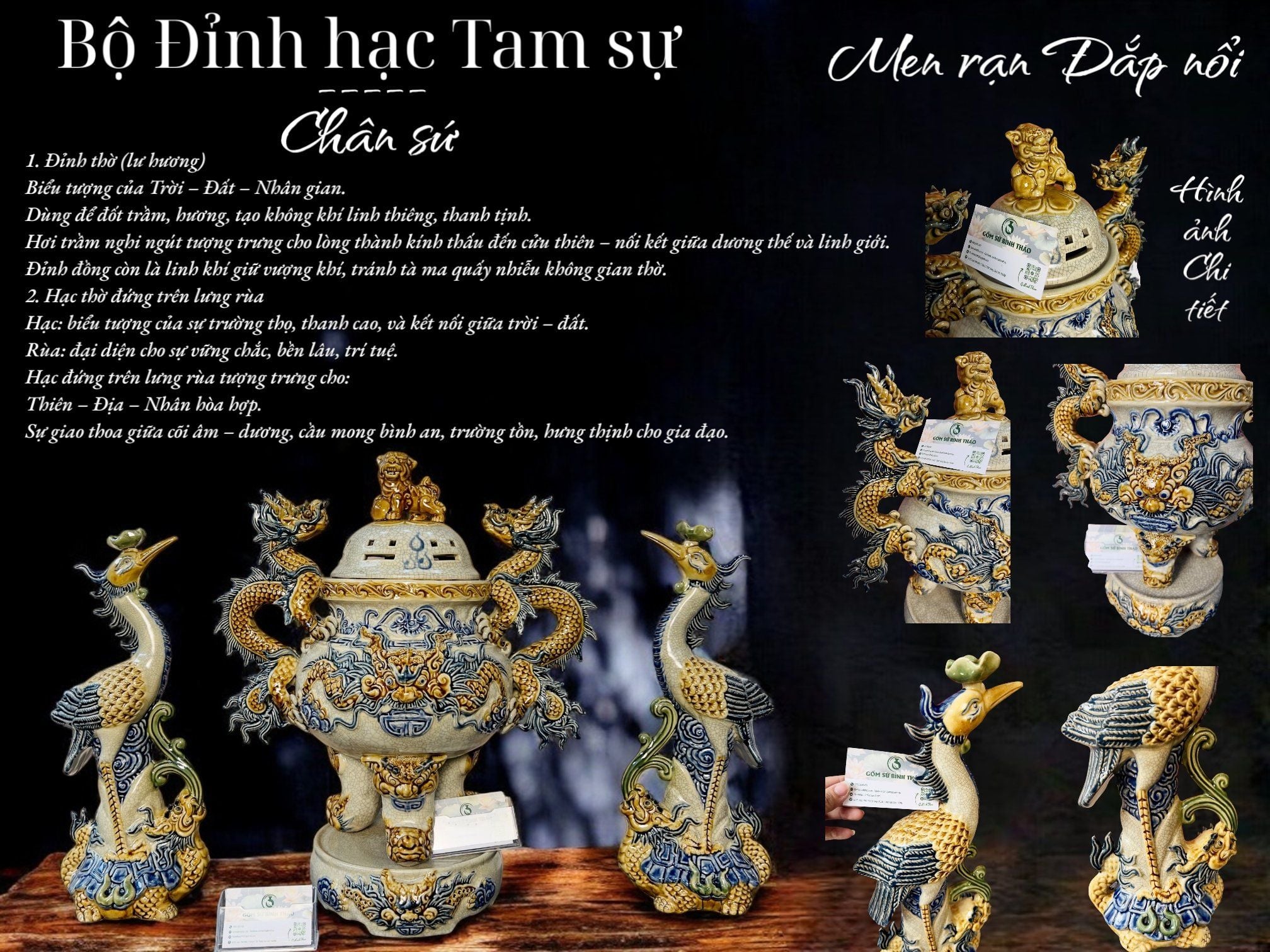  Bộ Đỉnh hạc Sứ Tam sự Men rạn - Gốm sứ Bát Tràng CN 