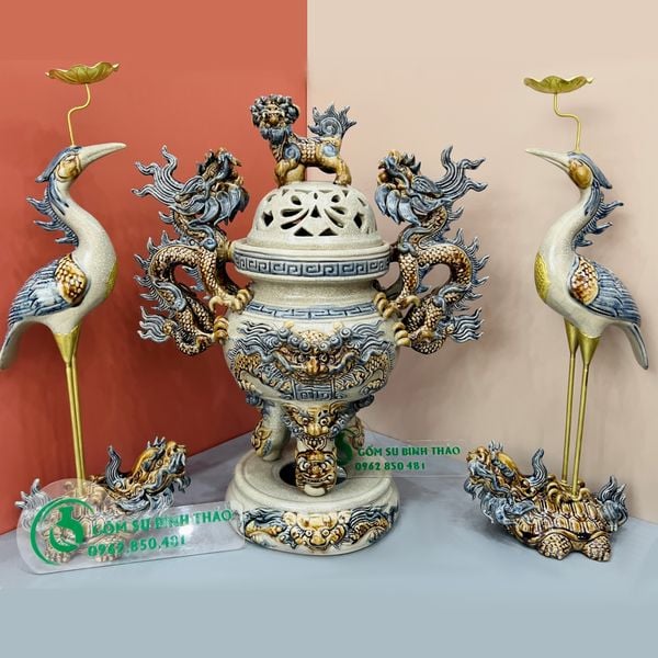  Bộ Đỉnh hạc Sứ Tam sự Men rạn - Gốm sứ Bát Tràng TN 