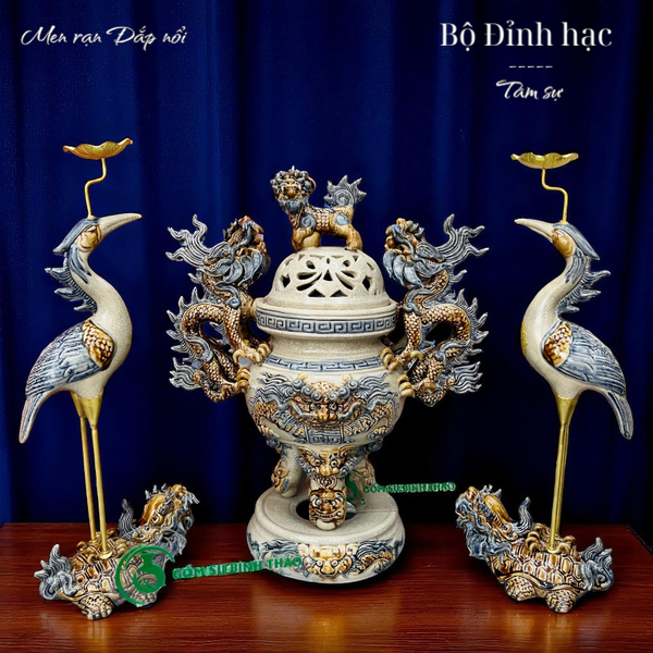  Bộ Đỉnh hạc Sứ Tam sự Men rạn - Gốm sứ Bát Tràng TN 