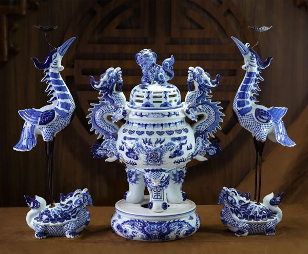  Bộ Đỉnh hạc Tam sự men Lam vẽ tay Cao cấp - Nghệ nhân Bát Tràng 