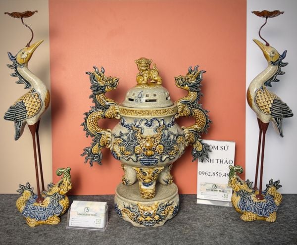  Bộ Đỉnh hạc Tạm sự Chân đồng Men Rạn - Gốm sứ Bát Tràng CN 