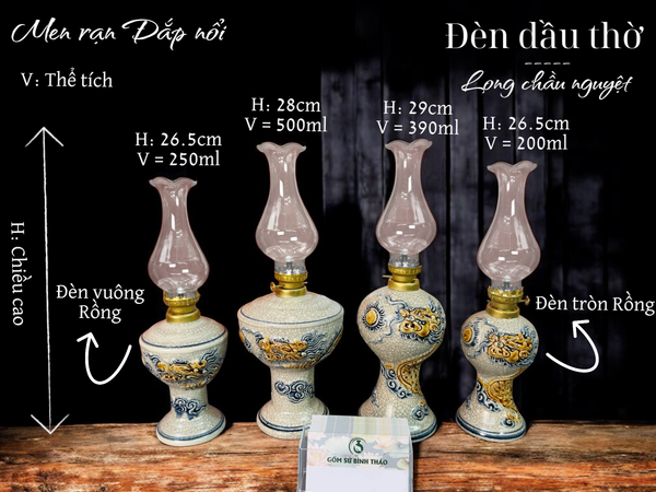  Đèn dầu Vuông Rồng / Sen Men rạn Đắp nổi PA 
