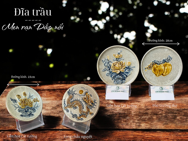  Đĩa trầu cau Men rạn đắp nổi PA 