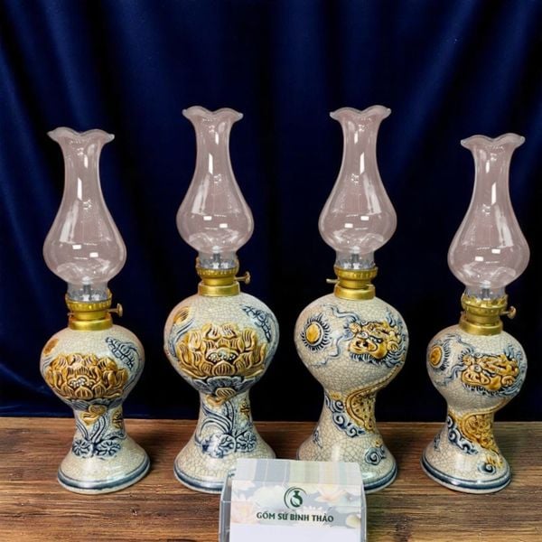  Đèn dầu Tròn Rồng / Sen Men rạn Đắp nổi PA 