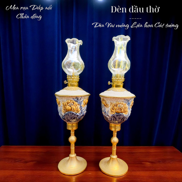  Đèn dầu Bọc đồng Men rạn Đắp nổi PA 
