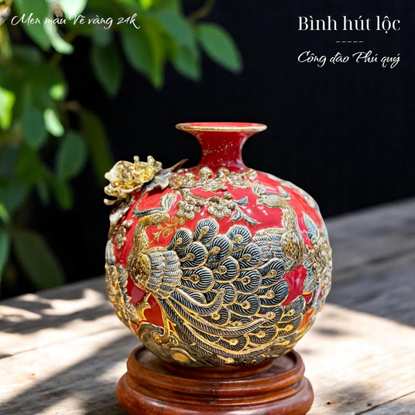  Bình hút tài lộc - Công đào Phú quý - Đắp nổi men màu - Hàng vẽ vàng 24k Cao cấp Bát Tràng HLSACDVV 