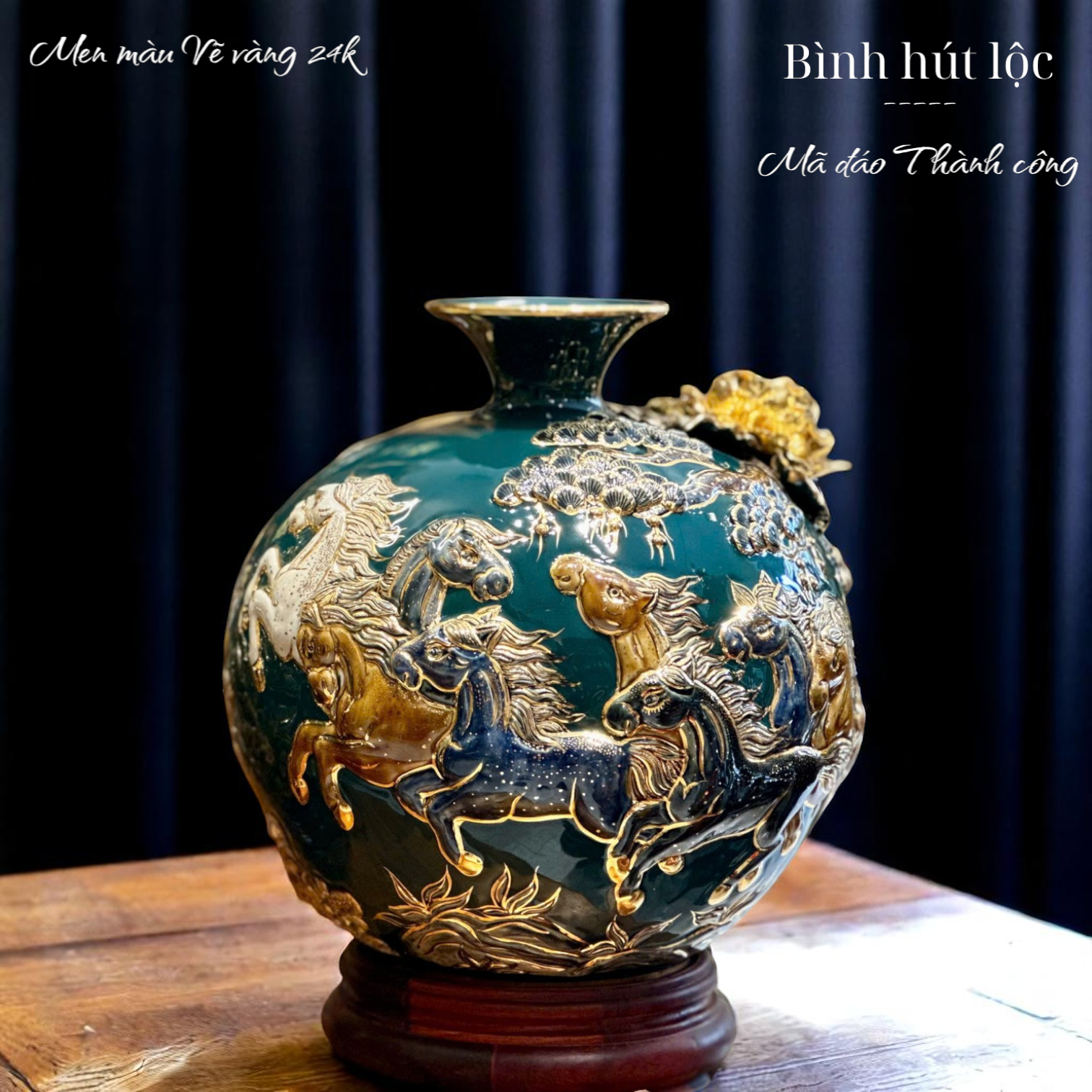 Bình hút tài lộc - Mã đáo thành công - Đắp nổi men màu - Hàng vẽ vàng 24k Cao cấp Bát Tràng HLSAMĐVV 