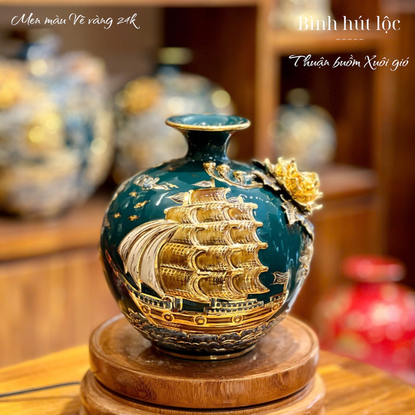  Bình hút tài lộc đắp nổi men màu - hàng vẽ vàng 24k cao cấp Bát Tràng HLSATBVV 