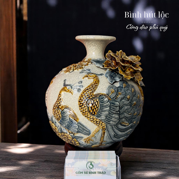  Bình hút lộc Công thành danh toại Men rạn đắp nổi - Hàng nghệ nhân Bát Tràng HLHNCĐ 