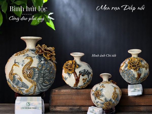  Bình hút lộc Công thành danh toại Men rạn đắp nổi - Hàng nghệ nhân Bát Tràng HLHNCĐ 