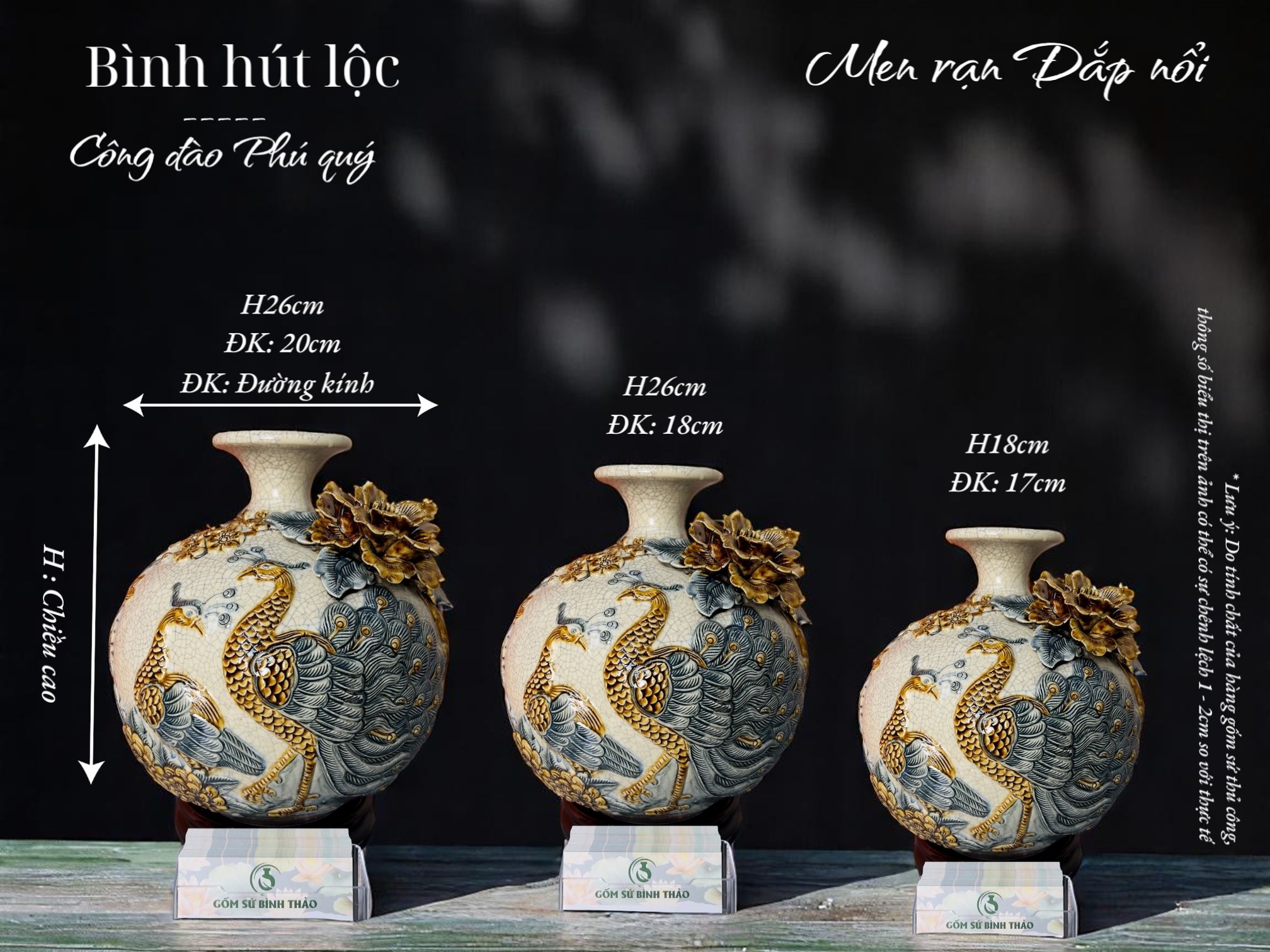  Bình hút lộc Công thành danh toại Men rạn đắp nổi - Hàng nghệ nhân Bát Tràng HLHNCĐ 
