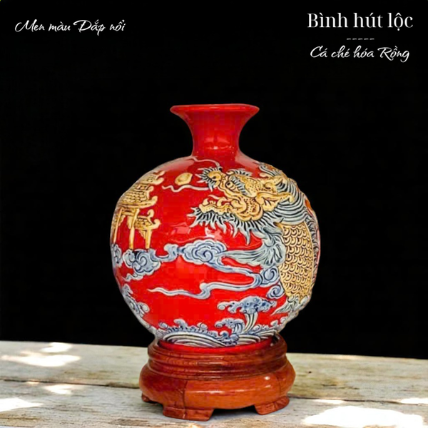  Bình hút lộc Cá chép hóa Rồng Men màu Họa tiết nổi HLVHCR 