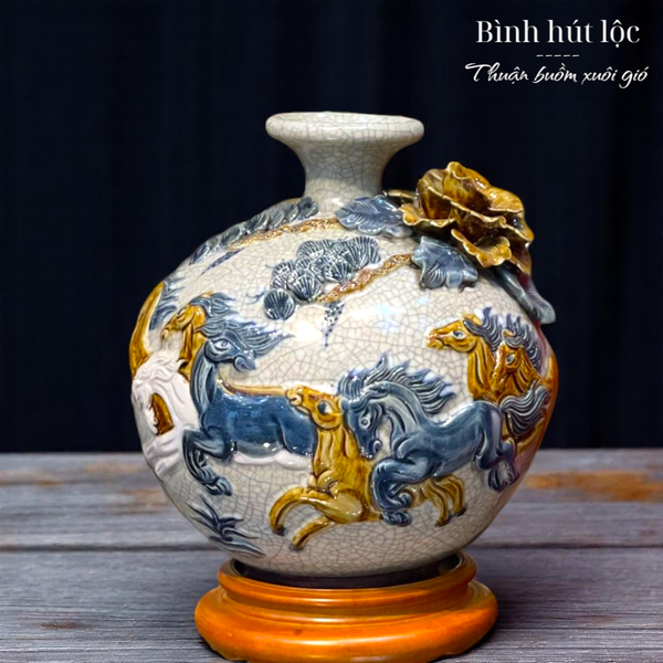  Bình hút lộc Mã đáo thành công Men rạn đắp nổi - Hàng nghệ nhân Bát Tràng HLHNMĐ 