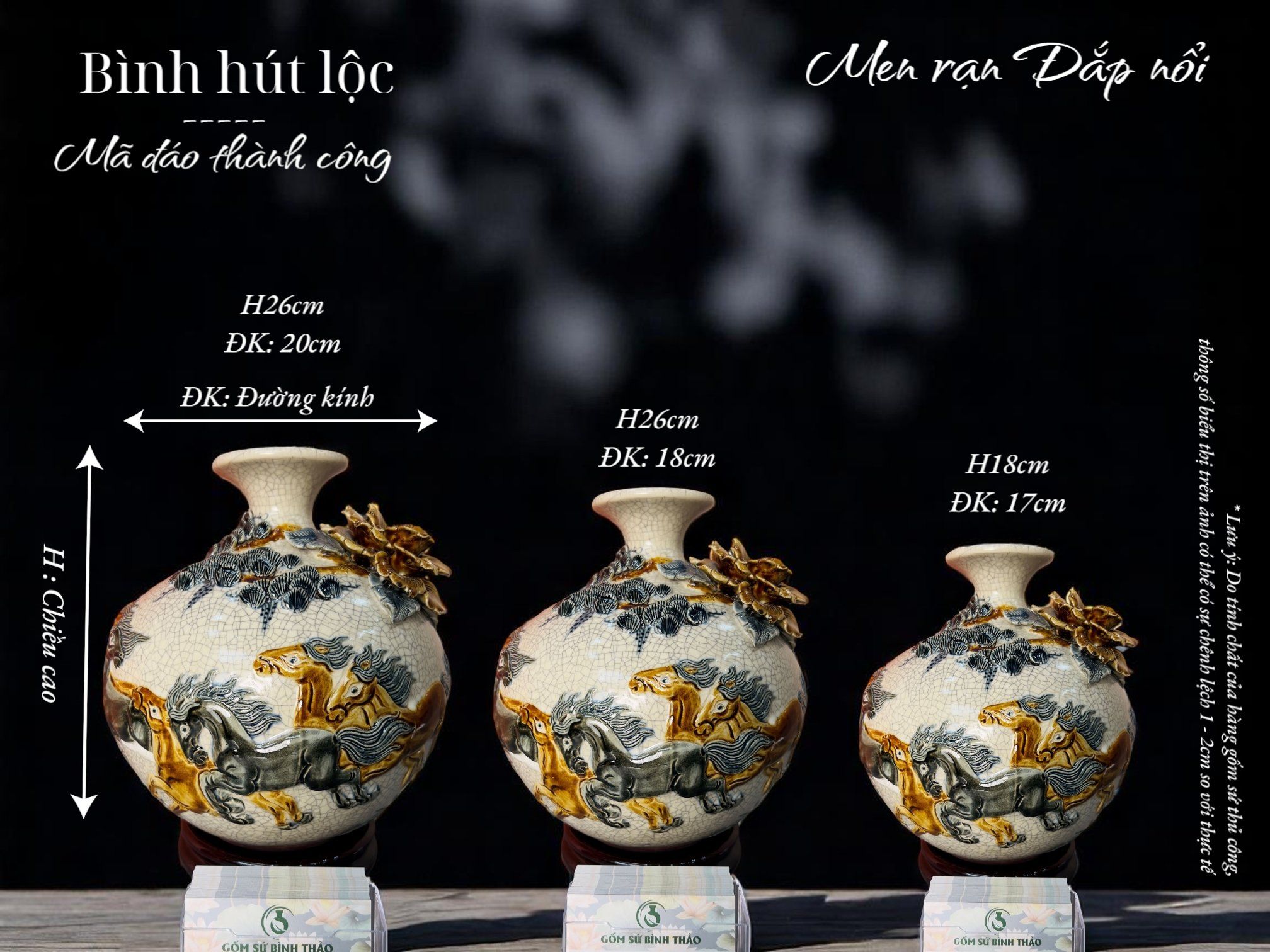  Bình hút lộc Mã đáo thành công Men rạn đắp nổi - Hàng nghệ nhân Bát Tràng HN 