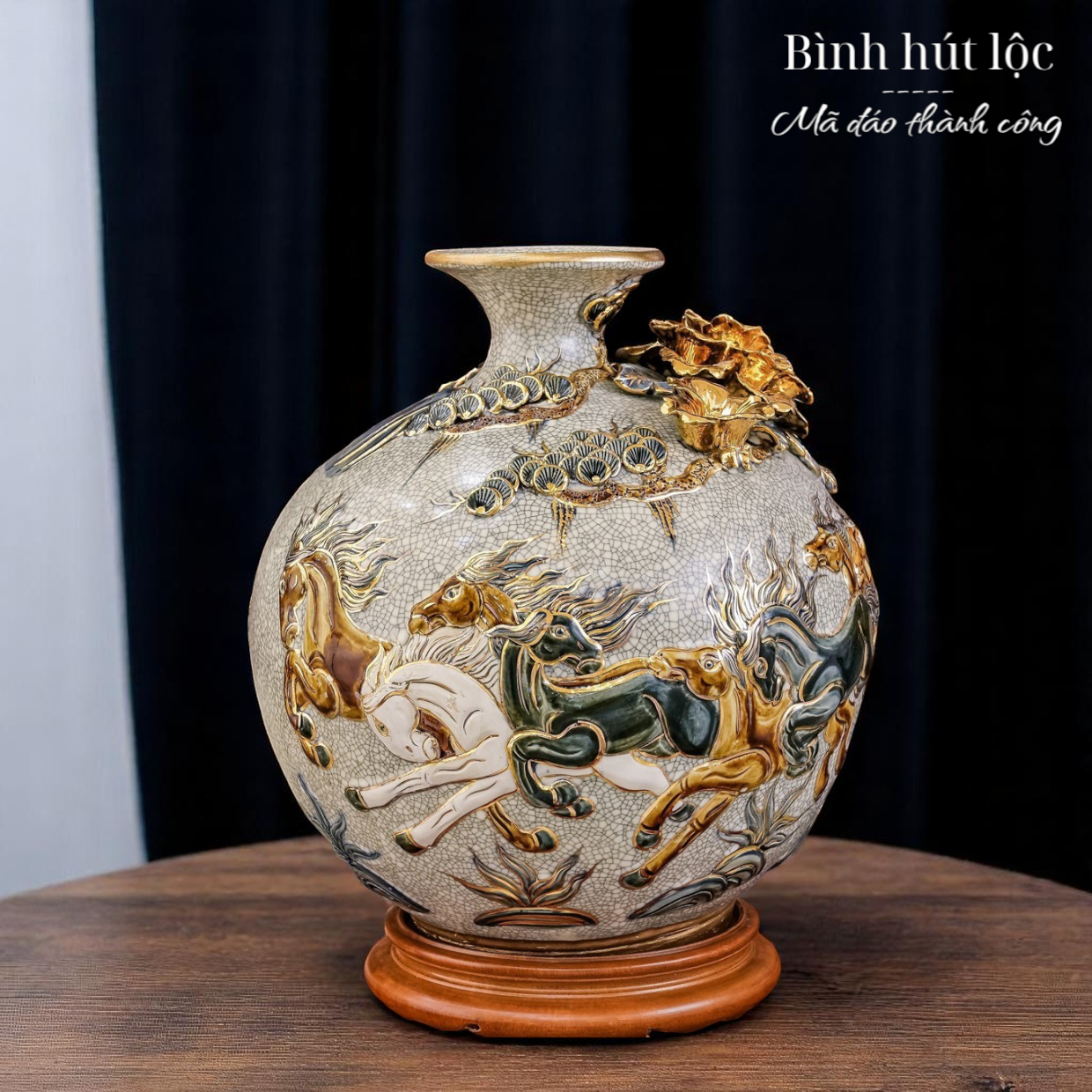  Bình hút lộc Mã Đáo Thành Công Đắp nổi Vẽ vàng 24K - Hàng Nghệ nhân Bát Tràng HLHNMĐVV 