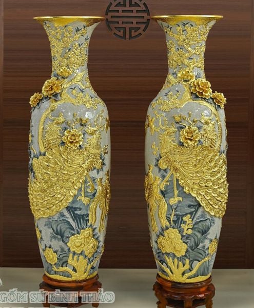  Lọ Lộc bình Công Đào Men rạn Đắp nổi Dát vàng Hàng nghệ Nhân Bát Tràng 