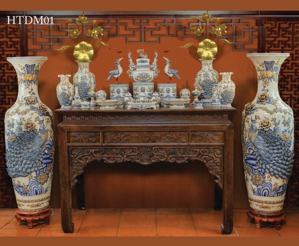  Bộ Đồ thờ Đầy đủ Gốm sứ Bát Tràng Men Hoàng Thổ đắp nổi Gốm Nghệ nhân Bát Tràng HTDM01 