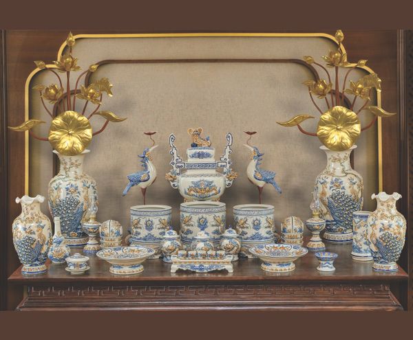  Bộ Đồ thờ Gia tiên Gốm sứ Bát Tràng Men Hoàng Thổ đắp nổi Gốm Nghệ nhân Bát Tràng HTDM02 