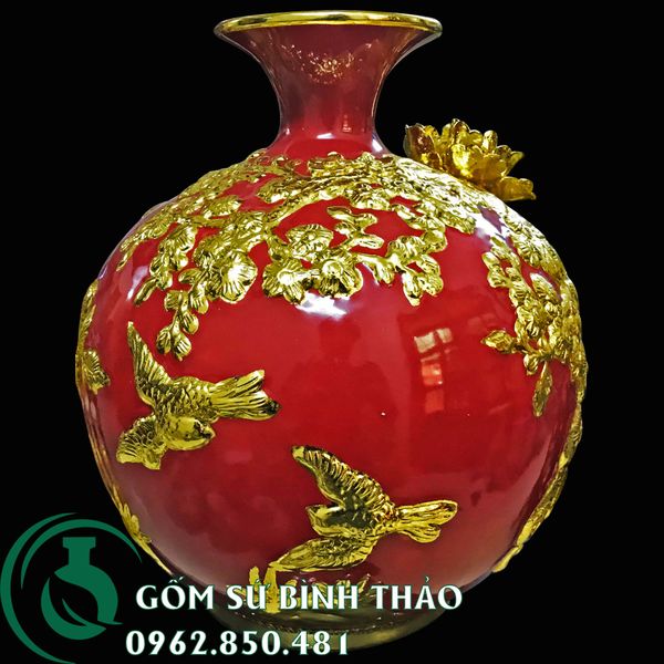  Bình hút lộc men đỏ dát vàng Bát Tràng - Công thành danh toại cao 36cm 