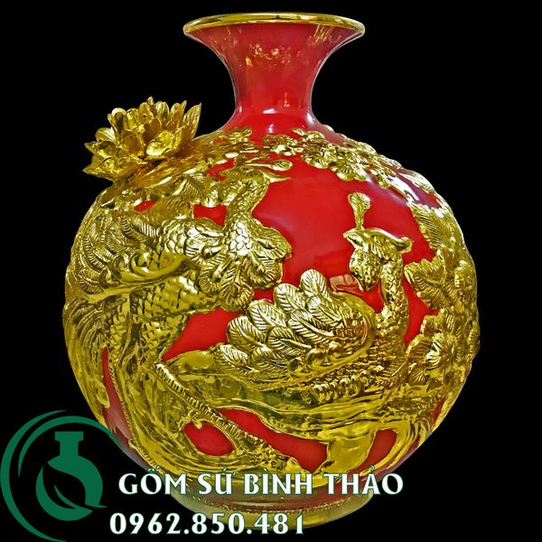  Bình hút lộc men đỏ dát vàng Bát Tràng - Công thành danh toại cao 36cm 