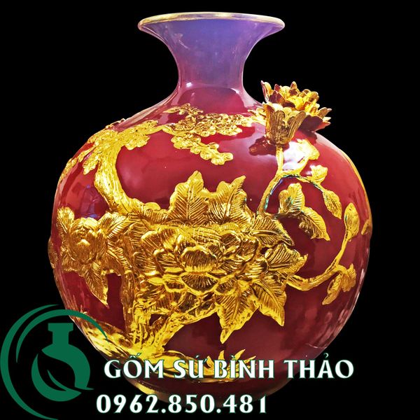  Bình hút lộc men đỏ dát vàng Bát Tràng - Mã đáo thành công 