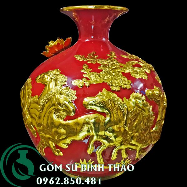  Bình hút lộc men đỏ dát vàng Bát Tràng - Mã đáo thành công 