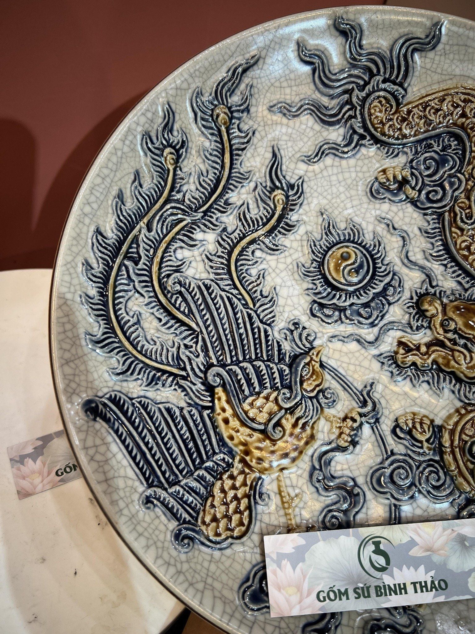  Mâm bồng Rồng Phượng Men rạn Đắp nổi PA 