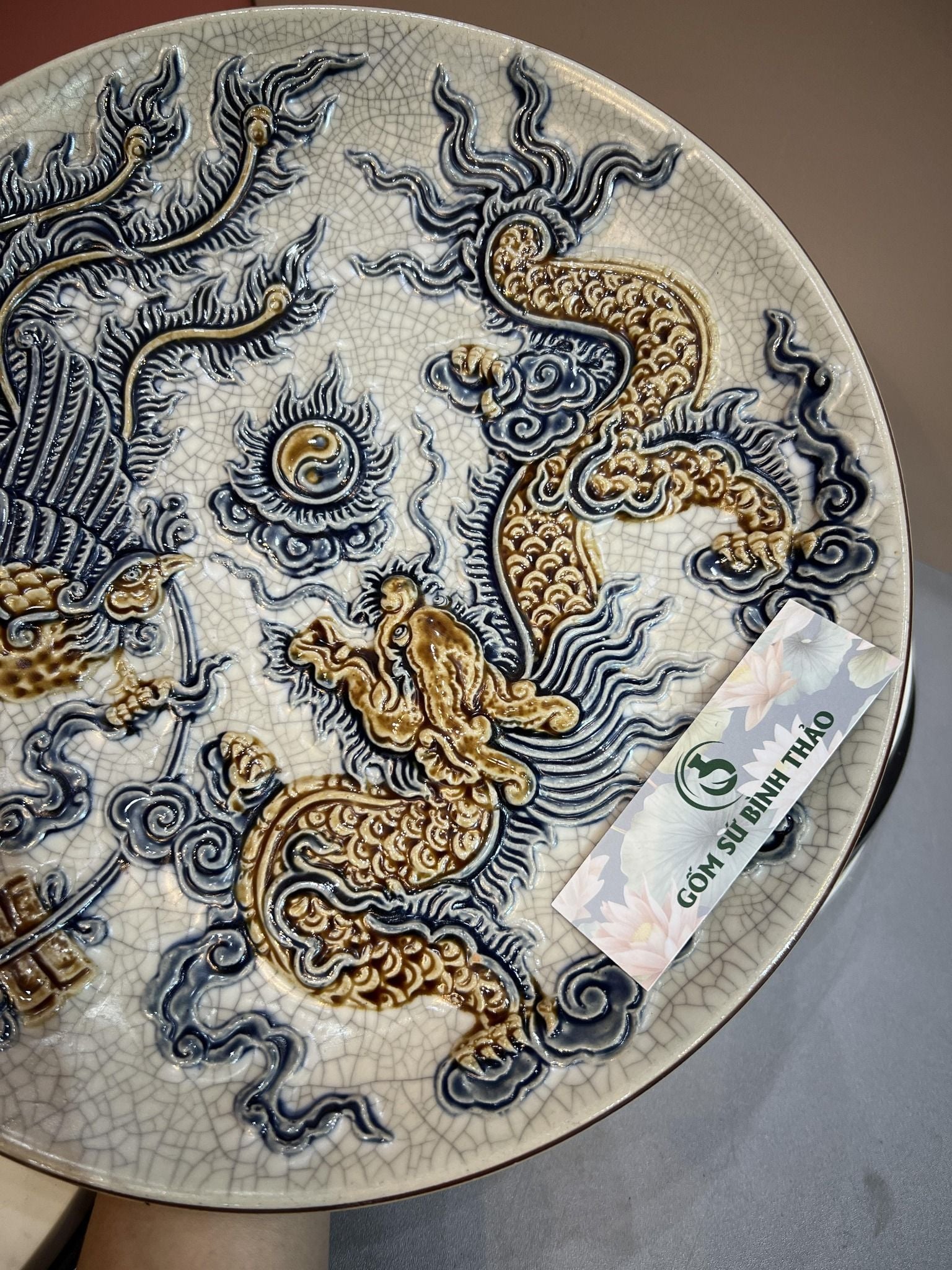  Mâm bồng Rồng Phượng Men rạn Đắp nổi PA 