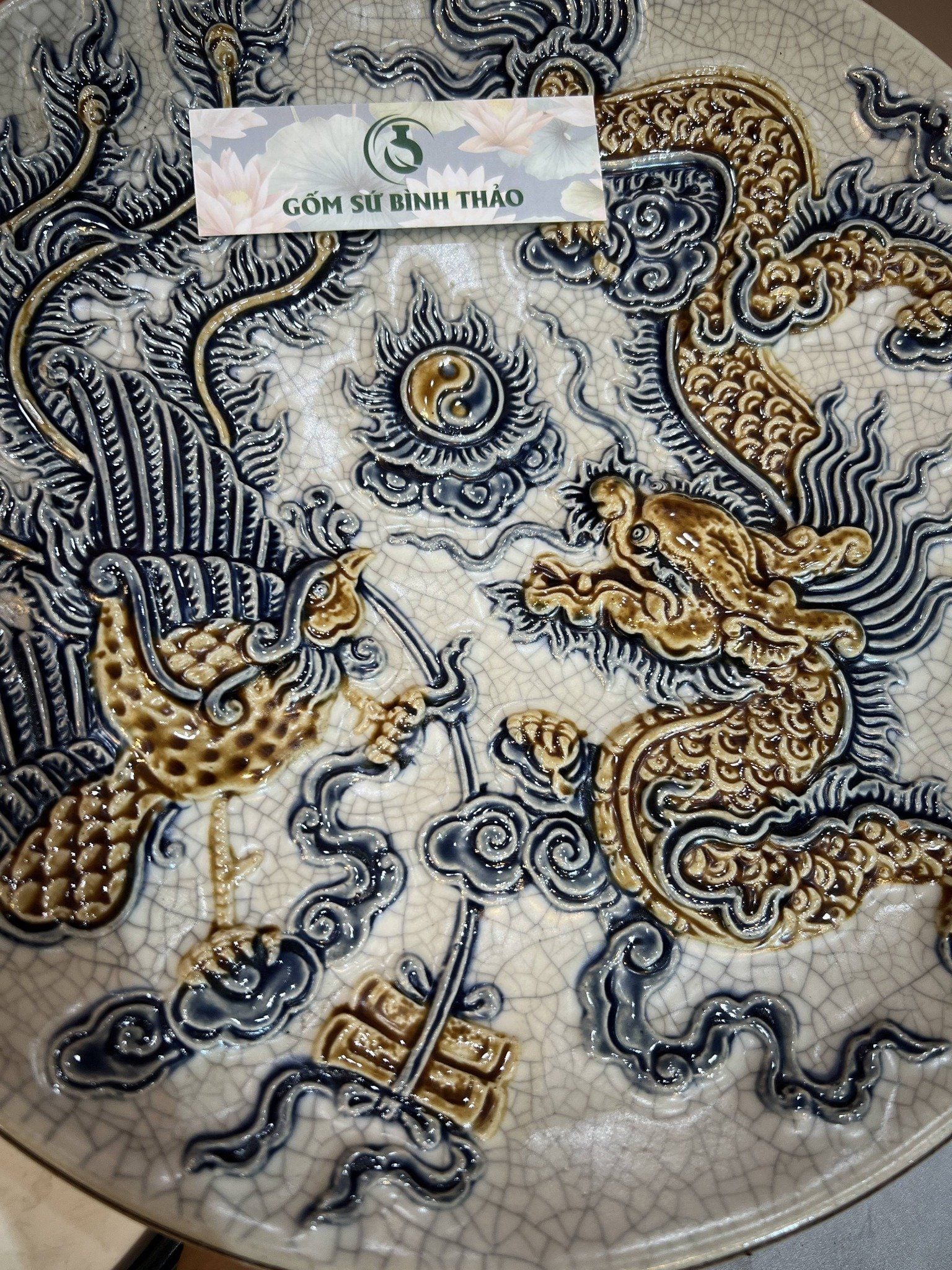  Mâm bồng Rồng Phượng Men rạn Đắp nổi PA 